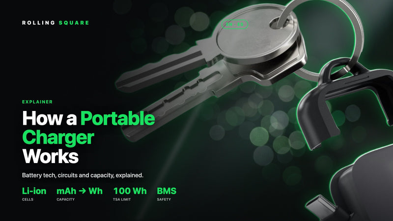 How a Portable Charger Works, explained by Rolling Square, featuring the TAU 2 keychain power bank