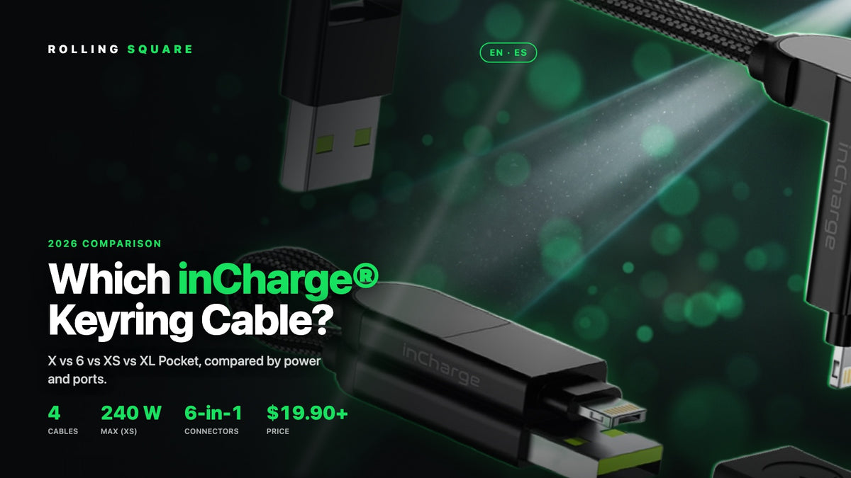inCharge® X vs 6 vs XS vs XL Pocket: Which Rolling Square Keyring Cable Should You Carry? (2026) | inCharge® X vs 6 vs XS vs XL Pocket: ¿Qué Cable Llavero de Rolling Square Deberías Llevar? (2026)