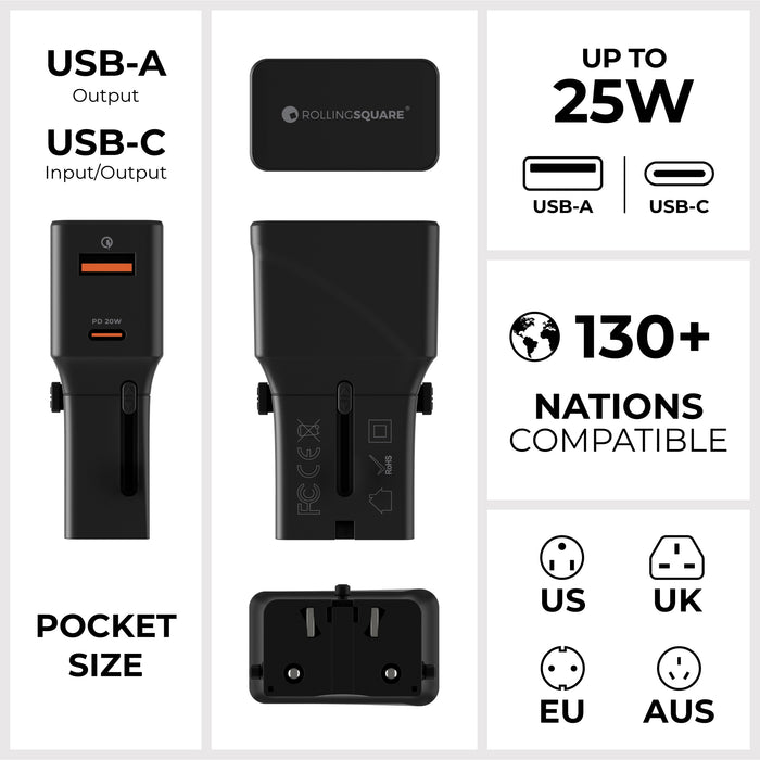 Pocket Travel Charger - US/EU/UK/AU plugs - 25W - 2 Ports - Compact black pocket travel charger with USB-A and USB-C ports, compatible with US, EU, UK, and AU plugs - Rolling Square