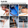 A 6-panel product demonstration graphic for an orange charging cable kit. The panels show hands using the cable to charge a smartphone, a laptop, and power adapters, with text labels indicating cable lengths and types: keychain, travel, standard, 2-in-1, coiled, and extra-long.

