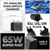 Supertiny 65W - US - Compact black 65W USB-C charger with EU, US, and UK plug adapters; 71% smaller than Apple's charger - Rolling Square