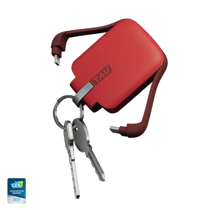 TAU® - Always-charged power bank - Charcoal Black - Compact red portable power bank with attached USB cables and keyring with keys. - Rolling Square
