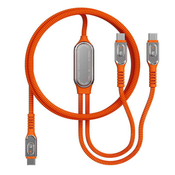 inCharge Life Dual 100W 2-in-1 USB-C cable, 1.5m / 5ft, braided orange