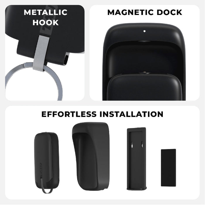 TAU® - Always-charged power bank - Charcoal Black - Black TAU® power bank with metallic hook, magnetic dock, and simple wall-mount installation components. - Rolling Square